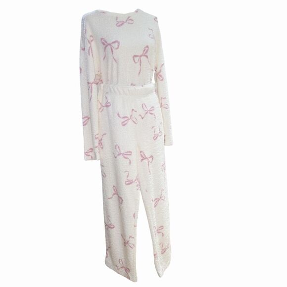 Laura Ashley 2pc Coquette Bow Soft Cozy Pajama Set L Fleece Teddy Ivory And Pink
